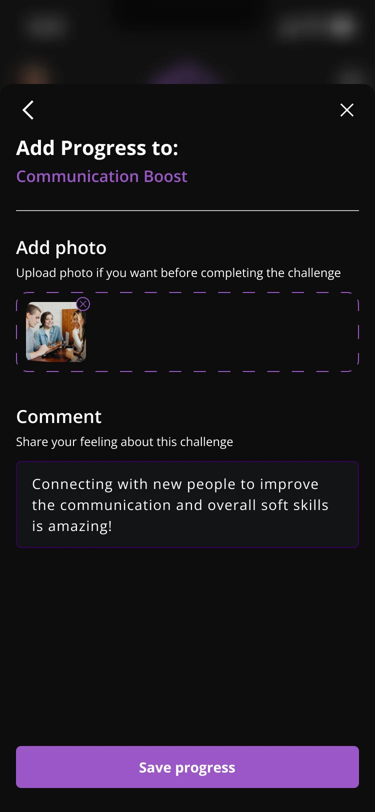 Add Progress panel with an uploaded photo thumbnail and a written comment, and an active Save progress button