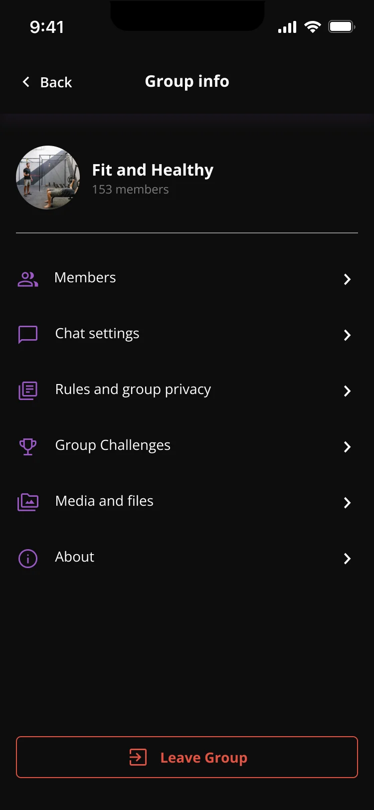 Group info screen listing Members, Chat settings, Rules and group privacy, Group Challenges, Media and files and About, with a red Leave Group action