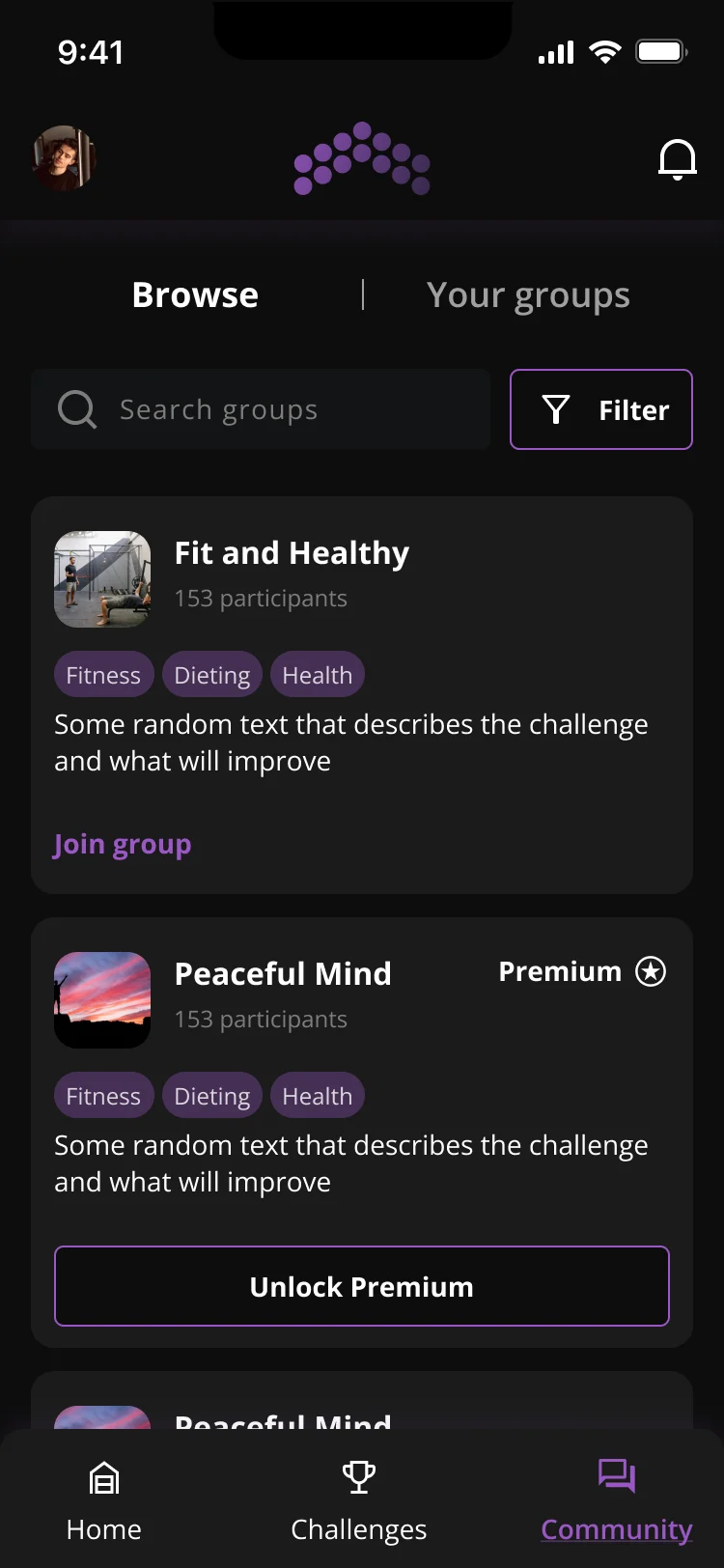Group browser with a Peaceful Mind card marked Premium and an Unlock Premium button