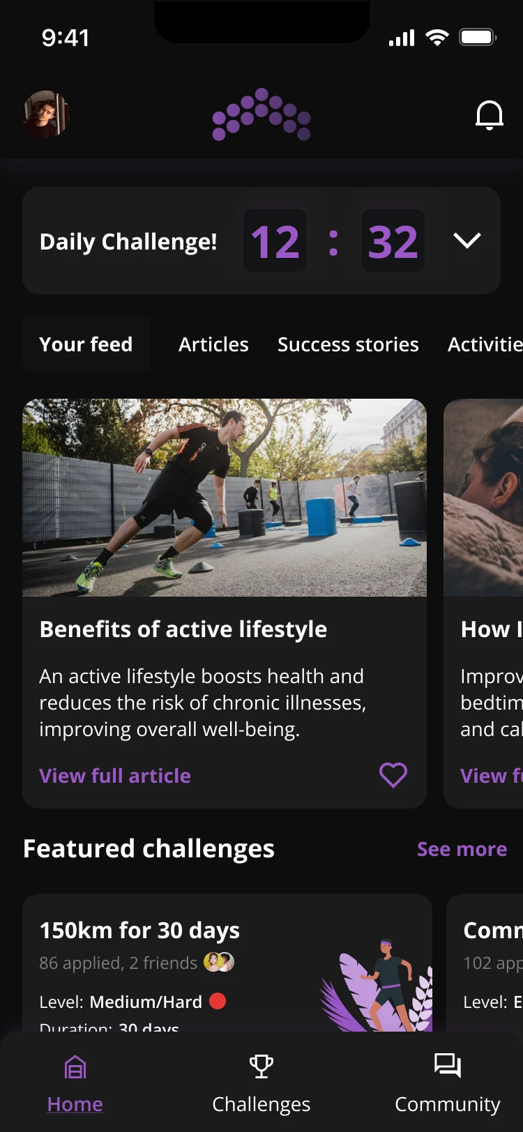 Home feed with a persistent Daily Challenge bar at the top showing 12:32 and a chevron to expand