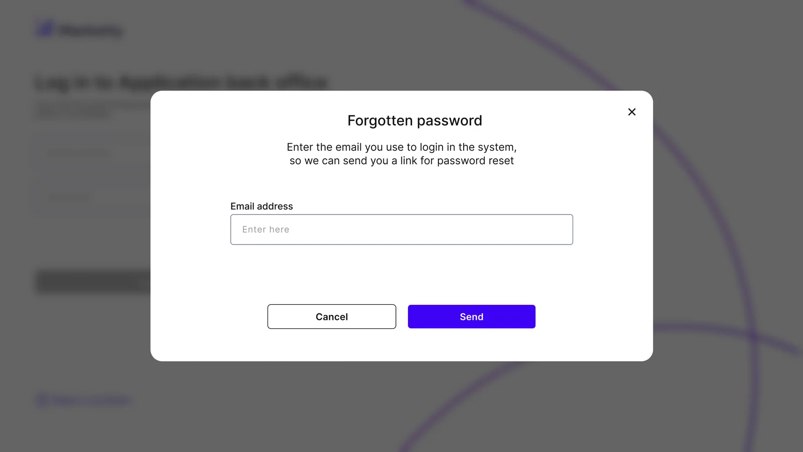 The Forgotten password dialog asking for the email used to log in, with Cancel and Send