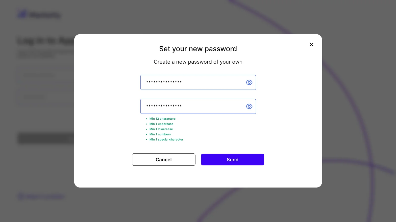 Set your new password, with both fields filled, all five rules shown in green (12 characters, an uppercase, a lowercase, a number and a special character) and an active Send button