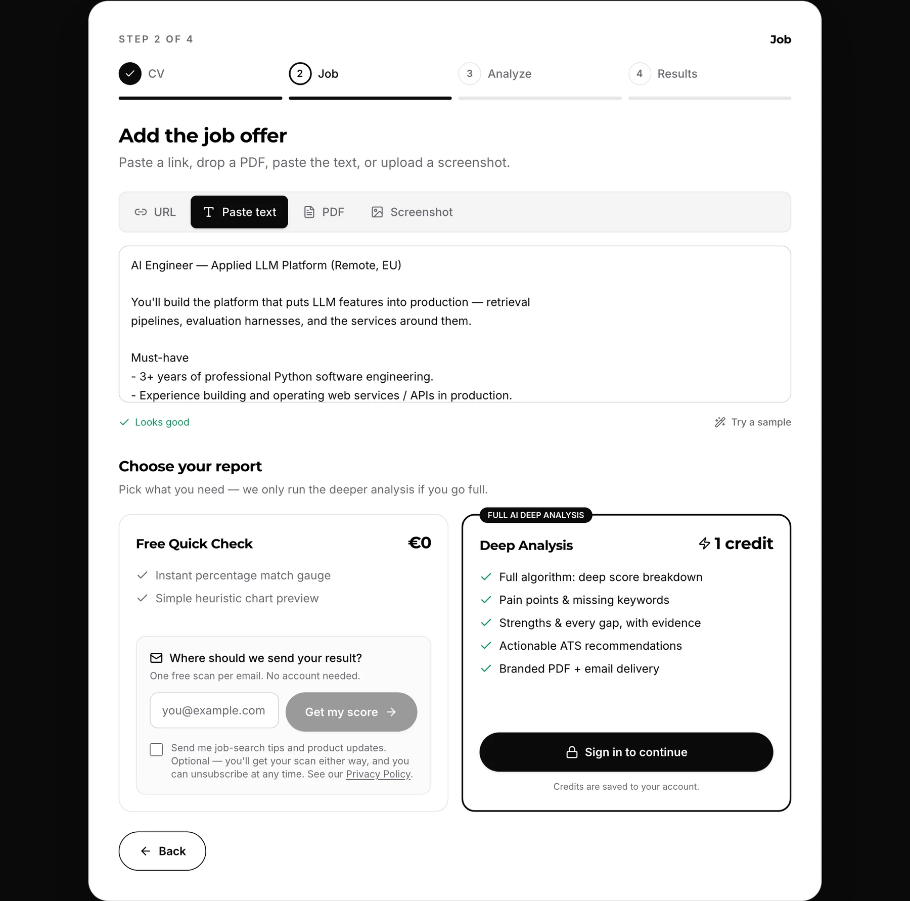 The report chooser: a free quick check asking only for an email beside a deep analysis costing one credit and requiring sign-in