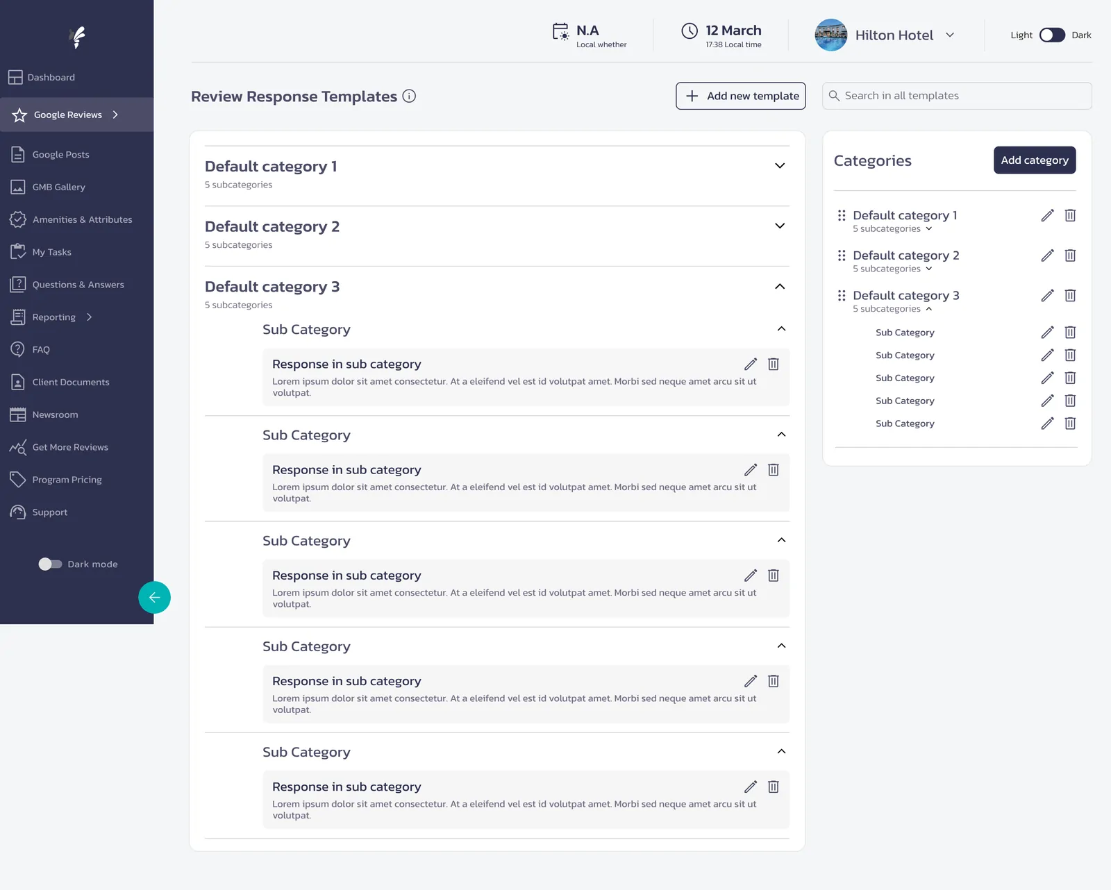 Template library organised into categories and subcategories, with a draggable category panel on the right