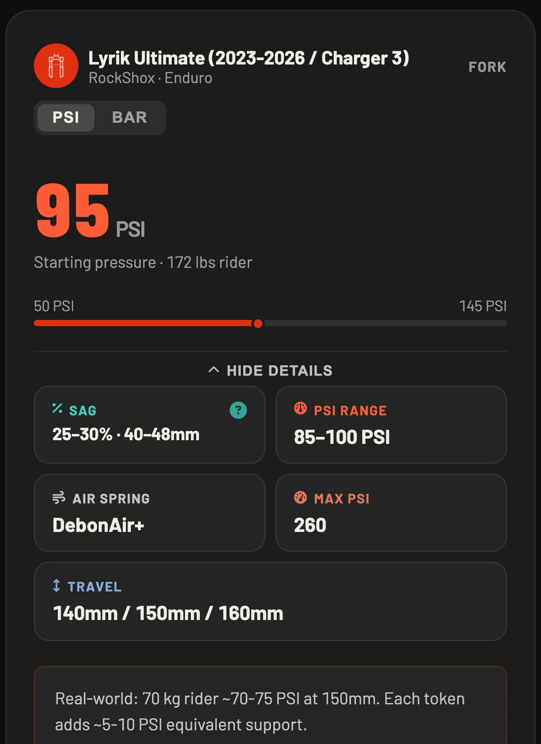 Result card: 95 PSI for a Lyrik Ultimate, with sag 25-30% / 40-48mm, PSI range 85-100, DebonAir+ air spring, max 260 PSI and travel options