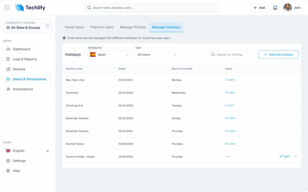 Holiday calendar for Spain listing national and custom holidays with the users each applies to