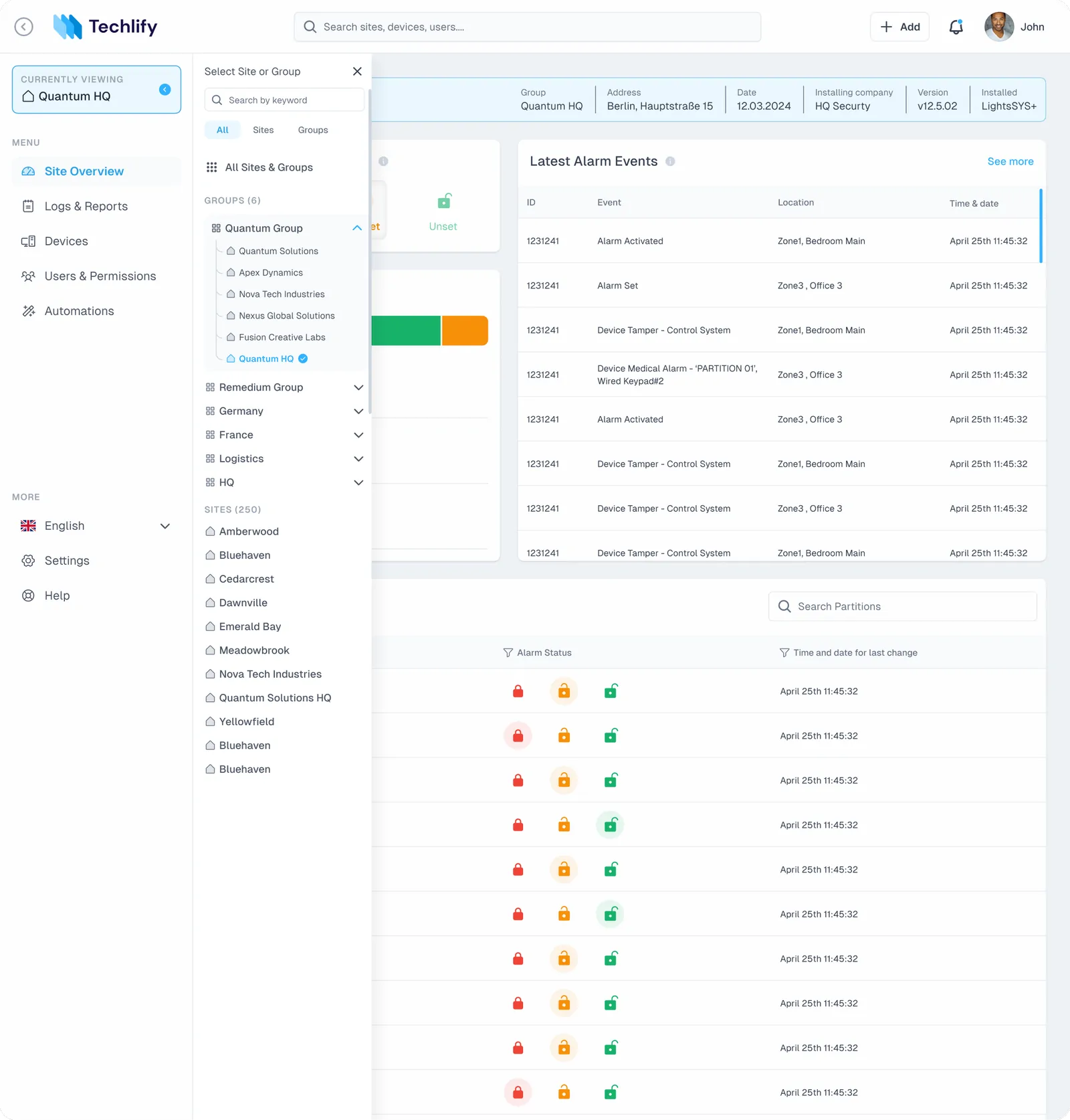 The Select Site or Group panel open over a single site's overview, showing expandable groups and a flat list of sites