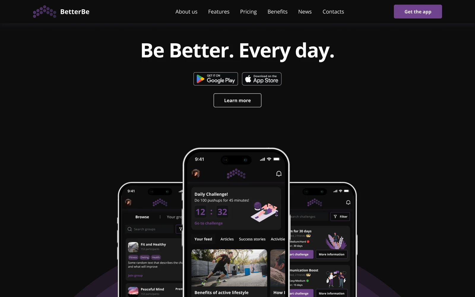 BetterBe marketing site: a Be Better. Every day. hero with App Store and Google Play badges, an about section, three feature blocks, a free and premium pricing pair, six benefits and a testimonial
